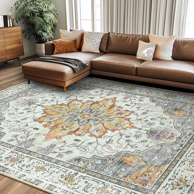 RELEANY Area Rugs 8'x10' Washable Non-Slip, Floral Vintage Distress Medallion