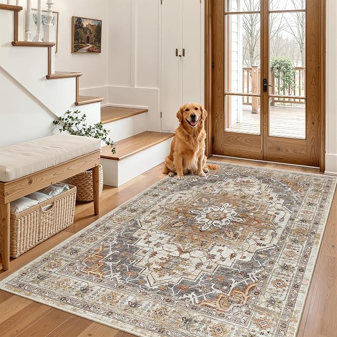 Madane Area Rug 4x6 Washable Rugs: Vintage Living Room Rug Soft Low Pile Non