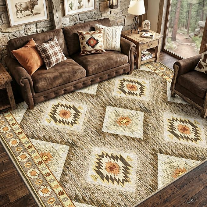Area Rug 8x10 Rug Machine Washable Non-Slip Low Pile Print Pattern Western Rug