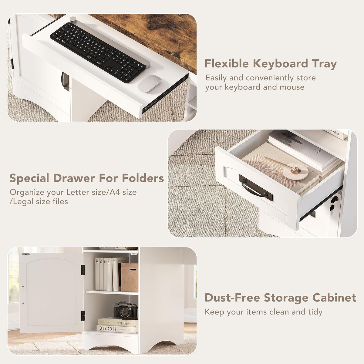 Decofy 55'' Farmhouse Executive Desk with Drawers & Charging Station, White