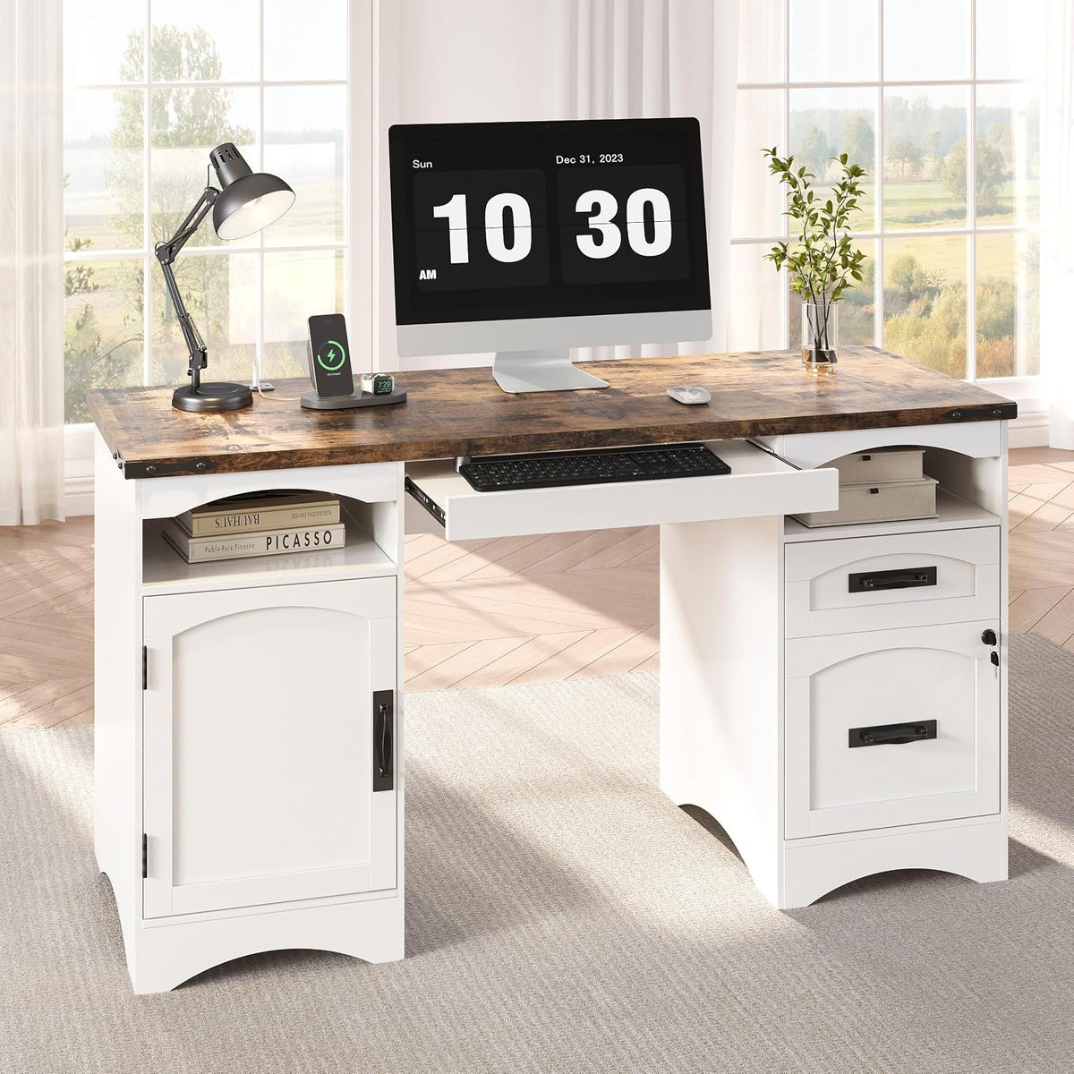 Decofy 55'' Farmhouse Executive Desk with Drawers & Charging Station, White