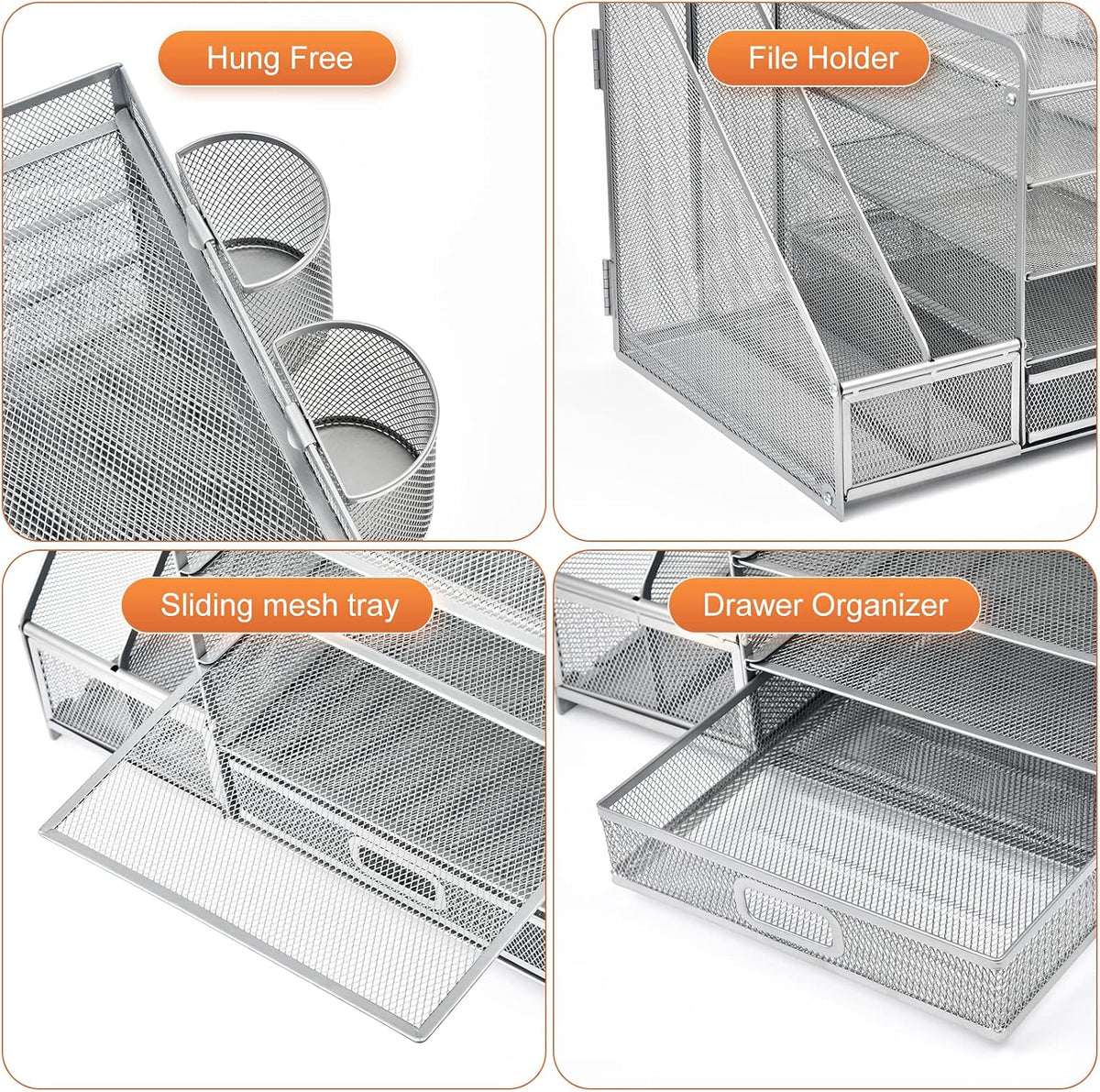 Marbrasse Desk Organizer with File Holder, 5-Tier Paper Letter Tray Organizer with Drawer and 2 Pen Holder, Mesh Desktop Organizer and Storage with Magazine Holder for Office Supplies (Silver)