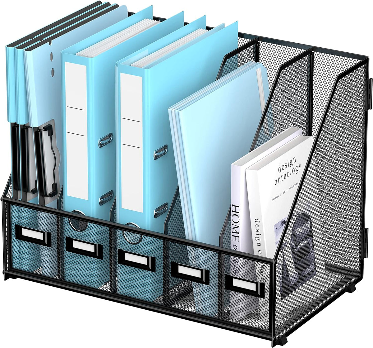 SUPEASY Desk Organizers Metal Desk Magazine File Holder with 16''x12''x12'' 5 Vertical Compartments Rack File Organizer for Office Desktop, Classroom, Home Workspace, Black Plus