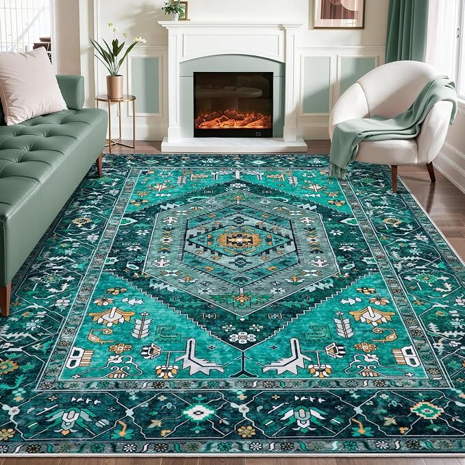 SERISSA Washable 8x10 Area Rugs Teal, Large Non-Slip Boho Living Room Rug