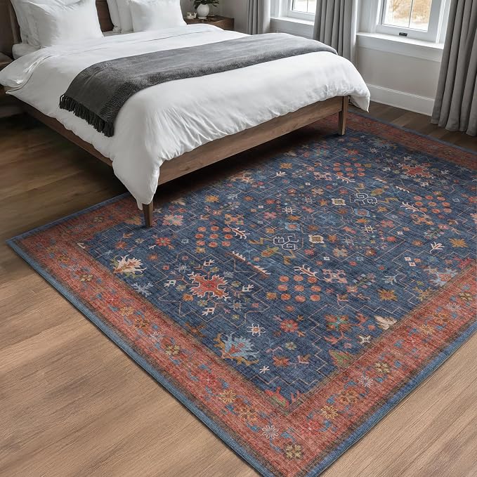 Hazo Haus Dark Blue & Terracotta 5x8 Living Room Rug