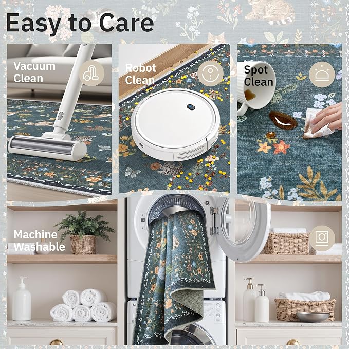 Soalmost Cat 3x5 Area Rugs for Entryway, Machine Washable Animal Floral Accent