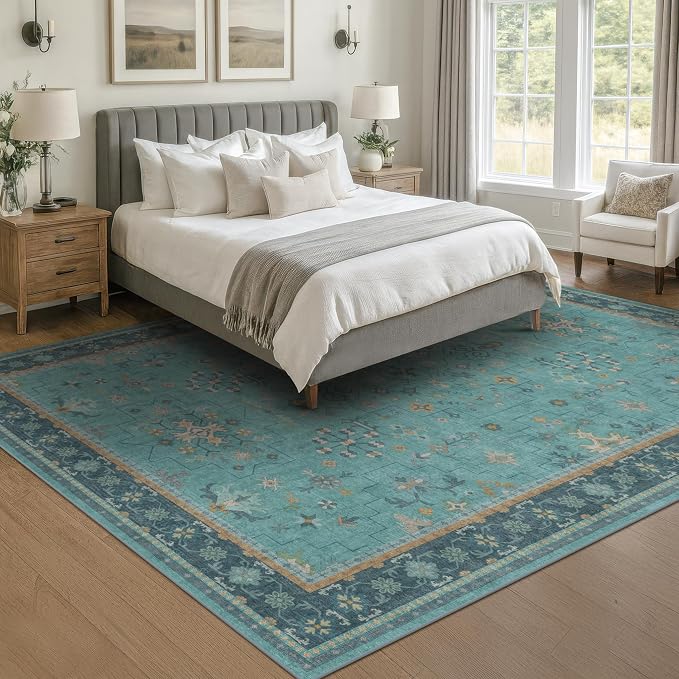 Washable 5x8 Teal Rug for Living Room, Boho Area Rugs for Bedroom Under Bed
