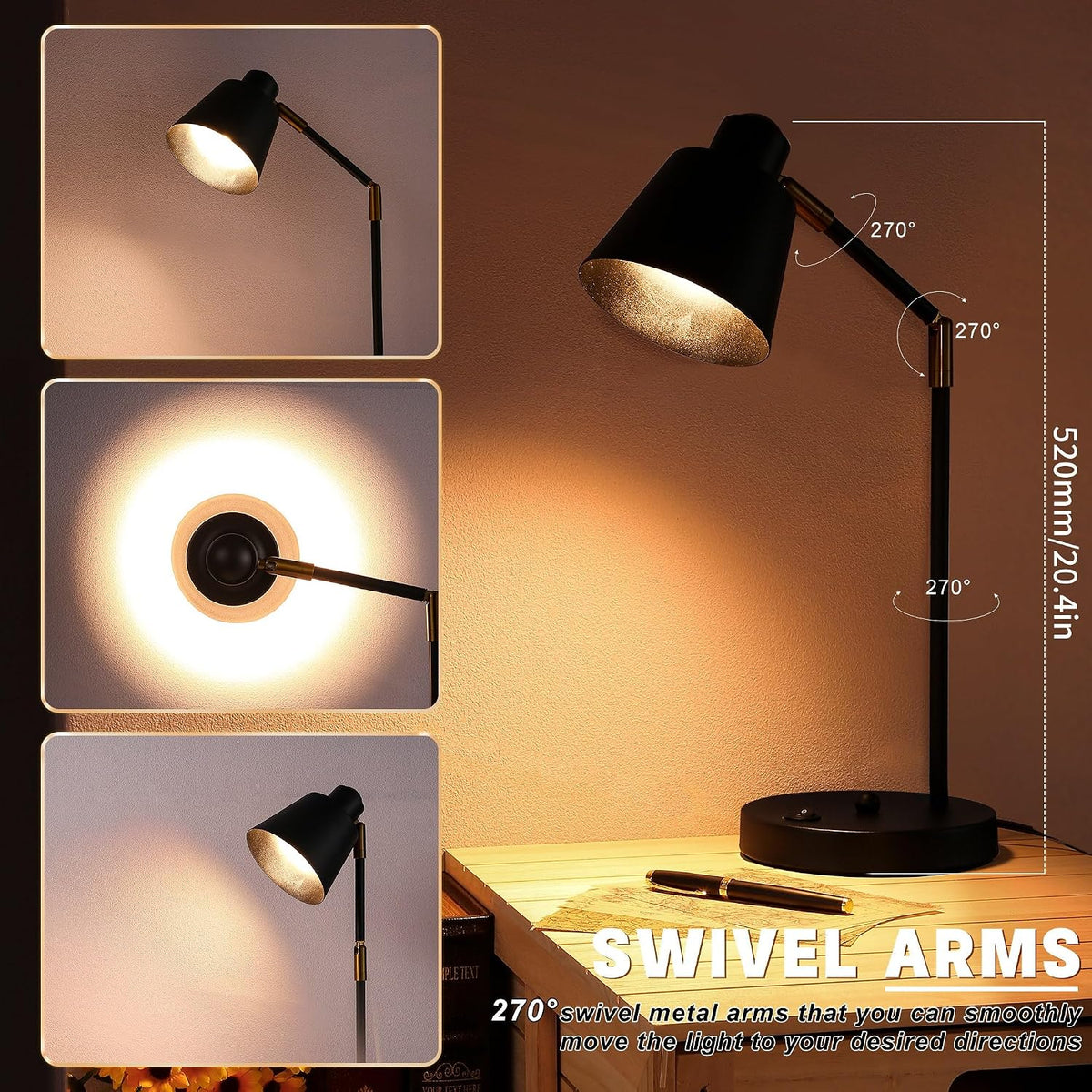 Anxingtools LED Desk Lamp with Dual USB Charging Ports, 100% Metal, 270° Swivel Arms, Soft White Light (3000K), Bedside Reading Lamp, Home Office Lamp (Black)
