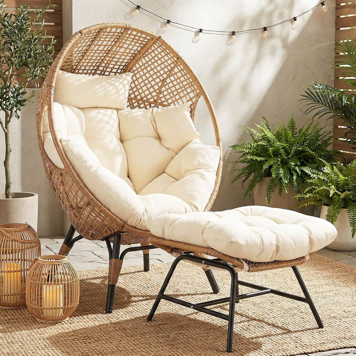 NICESOUL Wicker Egg Chair with Ottoman, Indoor Outdoor Egg Basket Lounge Chair w/Cushion, Oversized Egg Seat with Legs 440 Lbs, Comfy Cozy Boho Style Nest Chair w/Footrest for Patio, Balcony, Beige