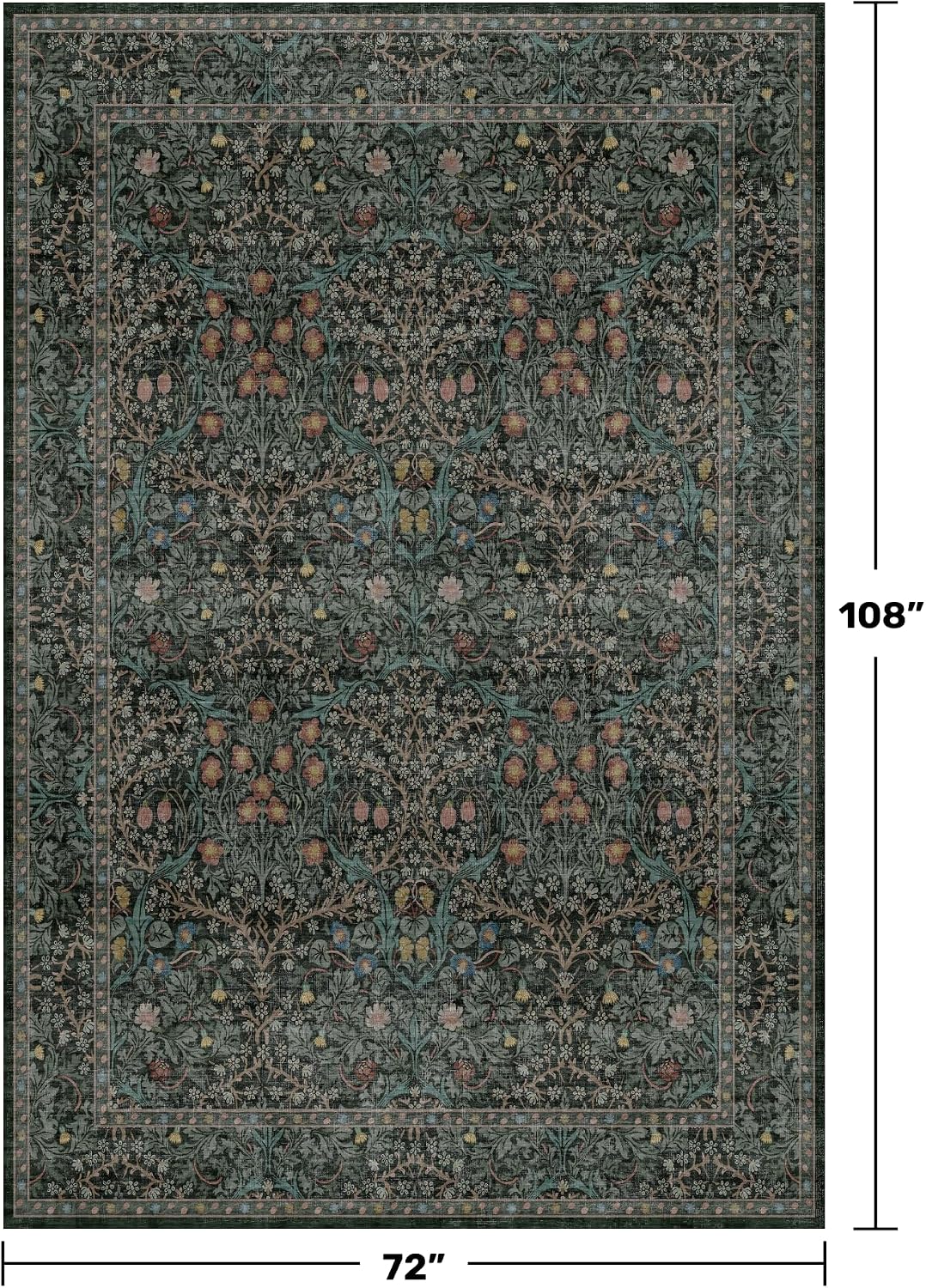 Dining Room Rugs for Under Table - 6x9 Washable Dark Green Oriental Area Rug for Living Room, Low Pile Non-Slip Floor Carpet for Bedroom - Vintage Design & Stain Resistance (6x9 Dark Green)