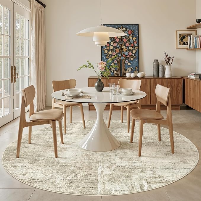 Soalmost 9x9 Beige Gray Round Rug 9ft Living Room Circle Rug Vintage Round Area