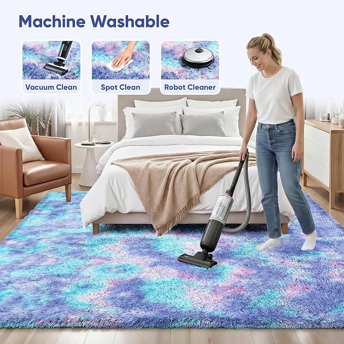 Rainbow Fluffy Rugs for Girls Bedroom: 9x12 Large Shag High Pile Area Rug