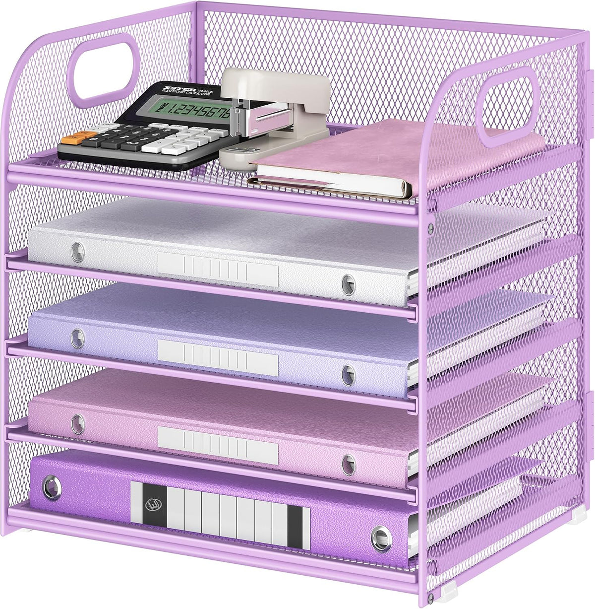 Lavatino Desk Letter Tray Paper Organizer, 5-Tier with Handle Metal Mesh Desktop File Organizer Paper Holder for Classroom Office Desk Accessories- Purple