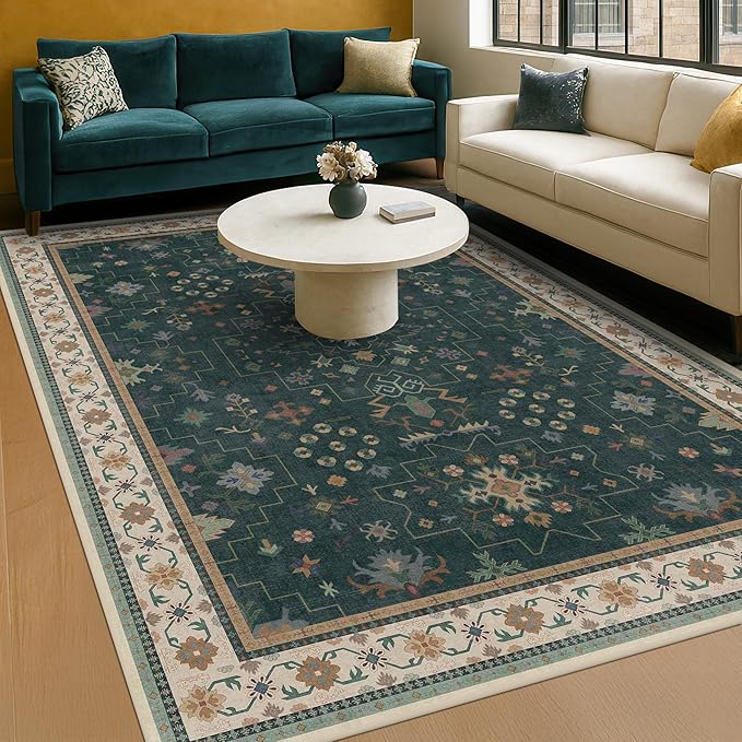 Hazo Haus Dark Green Oushak 5x7 Living Room Rug