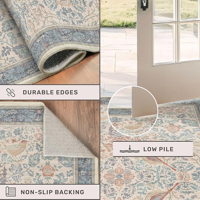 Boho Floral Bird Pattern 4x6 Large Mudroom Rug