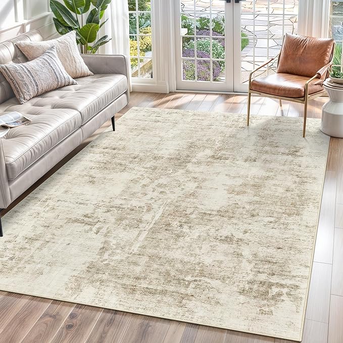 Soalmost Abstract Rug 5x7 Machine Washable Area Indoor Beige Gray White Low