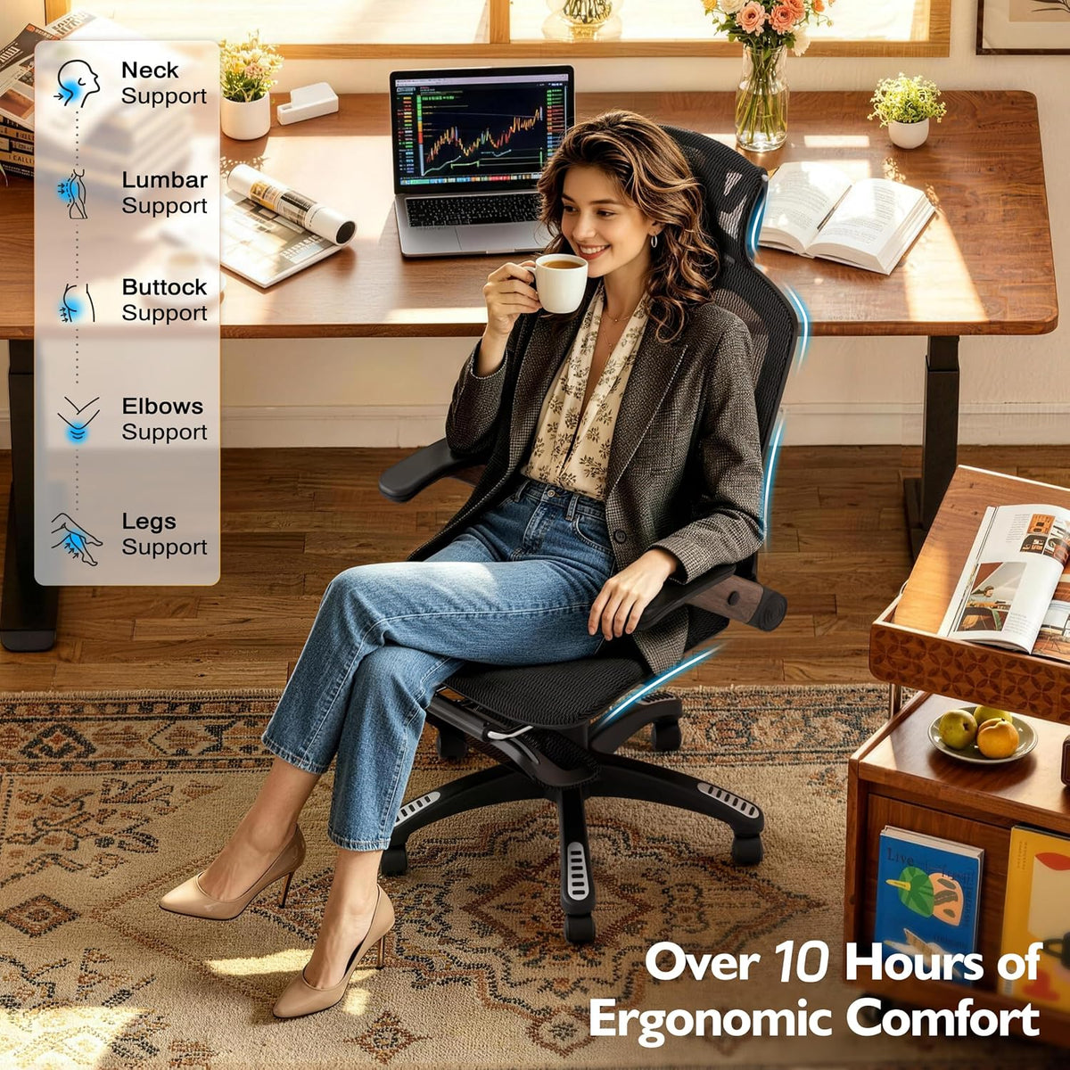 Ergonomic High-Back Office Chair with Footrest – Flip-Up Arms, 3D Headrest, 135° Recline, and Wide Mesh Seat with Lumbar Support. Rolling Swivel Task Chair for Gaming or Work, Sturdy, 300 LBS.