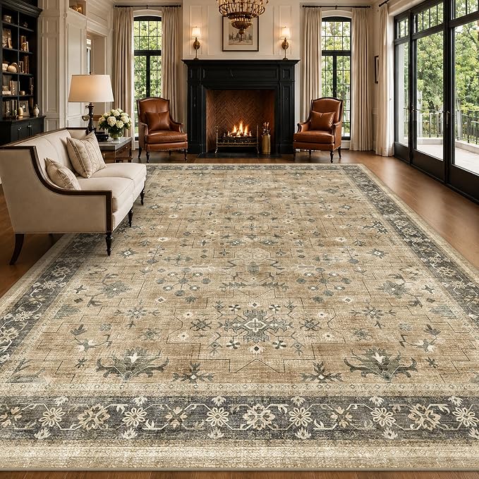 Taupe and Sage 8x10 Living Room Rug, Oriental Large Area Rug
