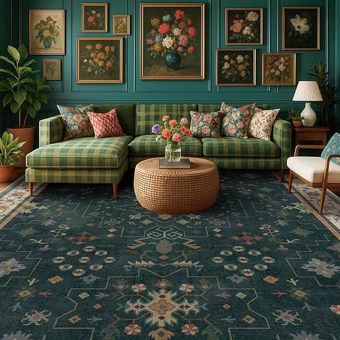 Hazo Haus Dark Green Vintage Living Room Rug 9x12