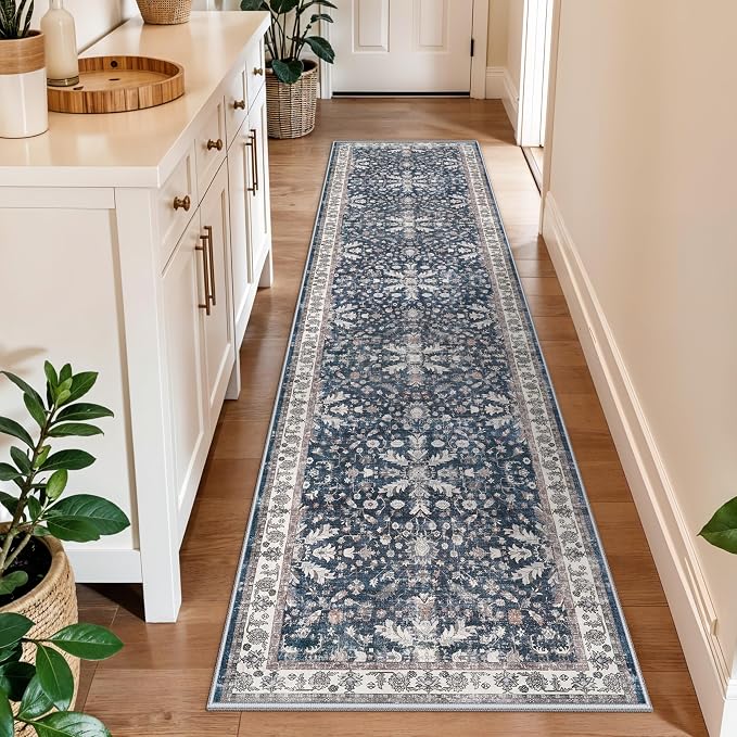 2x8ft Washable Non Slip Kitchen Rugs – Boho Floral Stain-Resistant Low-Pile
