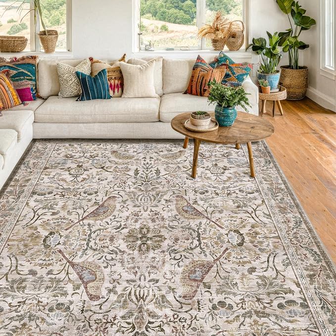 Moss 5x7 Living Room Area Rug, Vintage Washable Rug