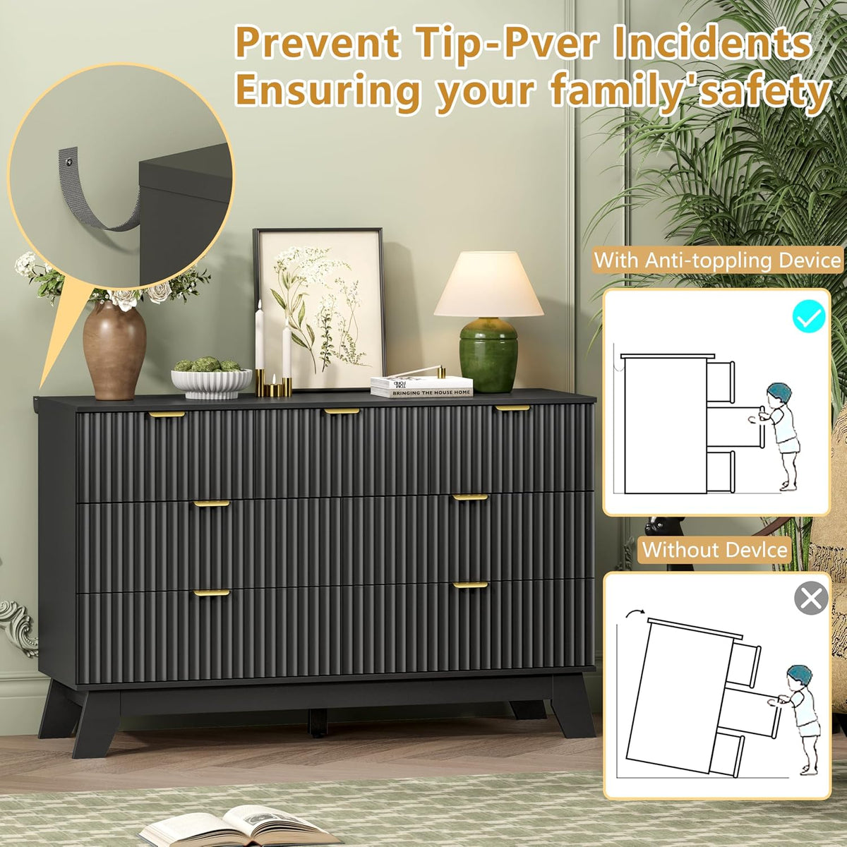 Wodeer 7 Drawer Fluted Dresser for Bedroom, Mid Century Modern Dresser with 7 Drawers, Dressers & Chests of Drawers with Metal Handle, TV Stand & Storage Organizer for Entryway, Hallway, Black