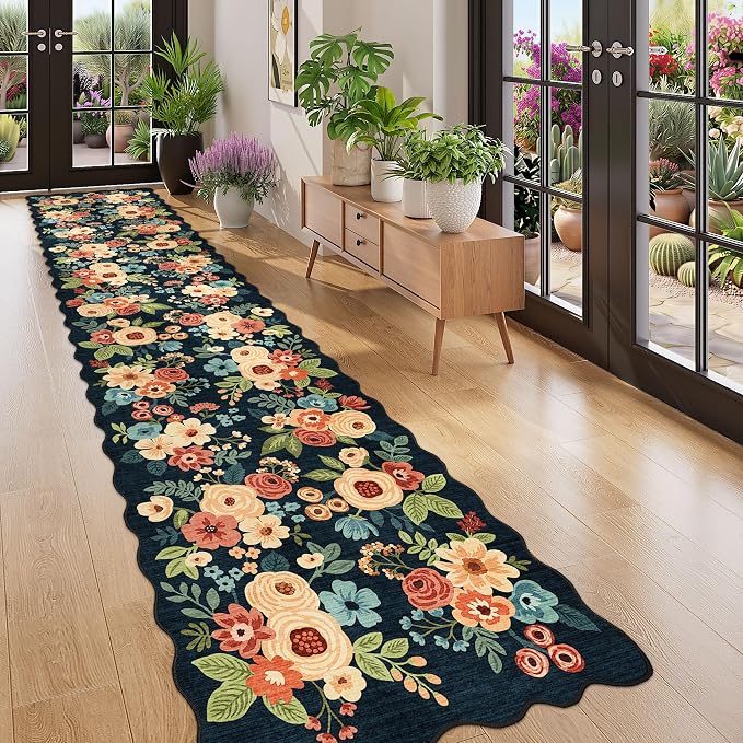 DUKINO 2.6x12 Runner Rug for Hallway, Non Slip Floral Washable Kitchen Rug