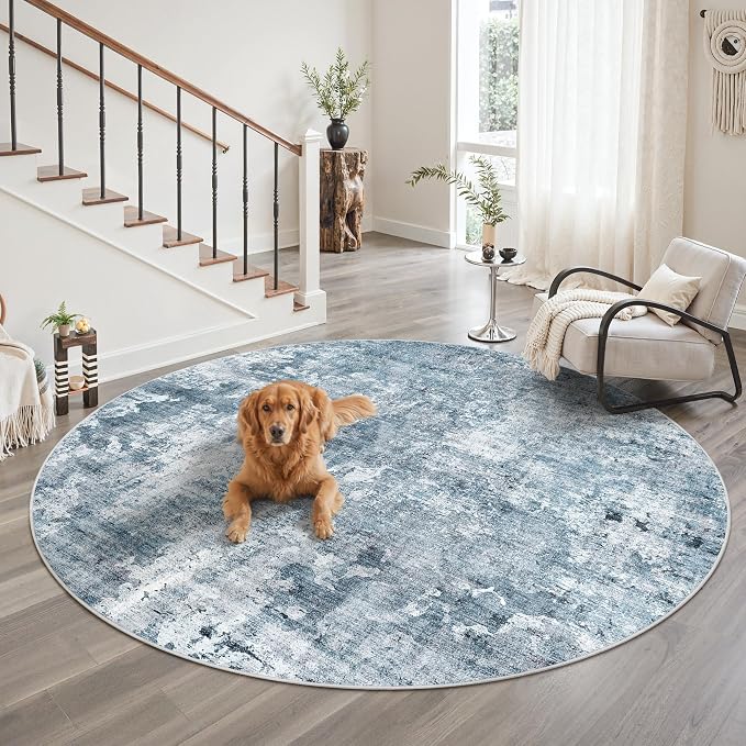 Soalmost 8x8 Blue/Grey Round Rug 8ft Living Room Circle Rug Vintage Round Area