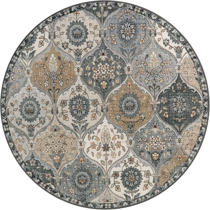 Lahome Moroccan Washable Round Area Rug, Soft Vintage Round Rug 3ft, Distress