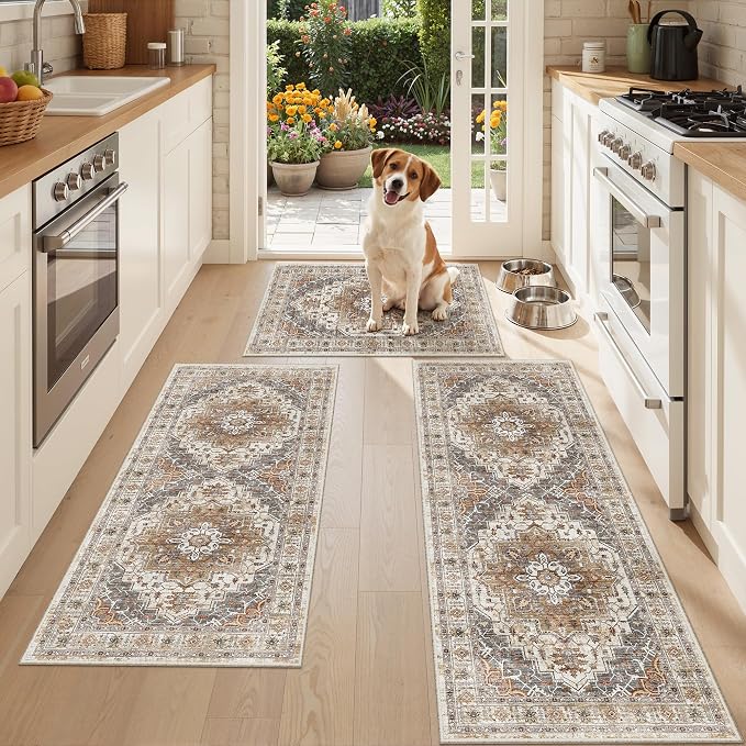 Madane Washable Kitchen Rug Set of 3, Small Area Rug Non-Slip Vintage Entryway