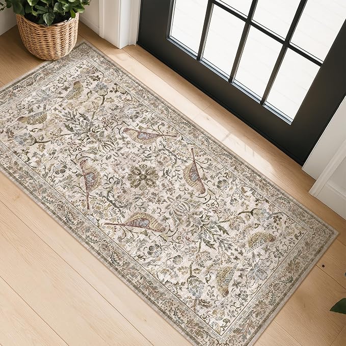 Boho Moss 2x4 Small Rugs for Entryway, Vintage Washable Low Pile & Soft Throw