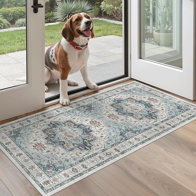 Madane Washable Area Rug 2x4, Small Entryway Rug Non-Slip Vintage Door Mat