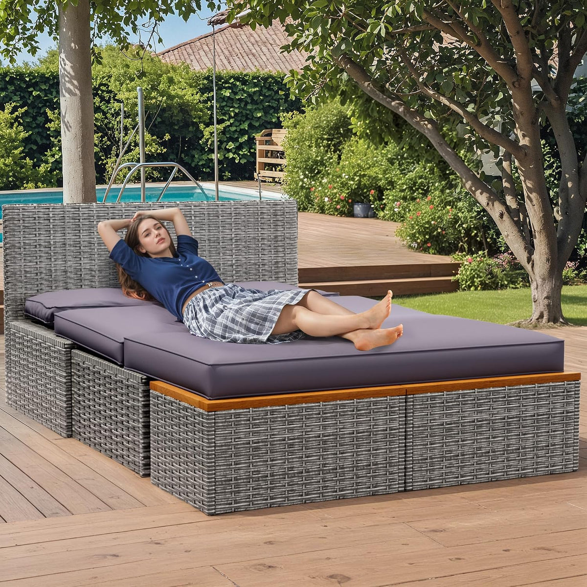 Flamaker Outdoor Rattan Lounge Chair with 2 Side Tables