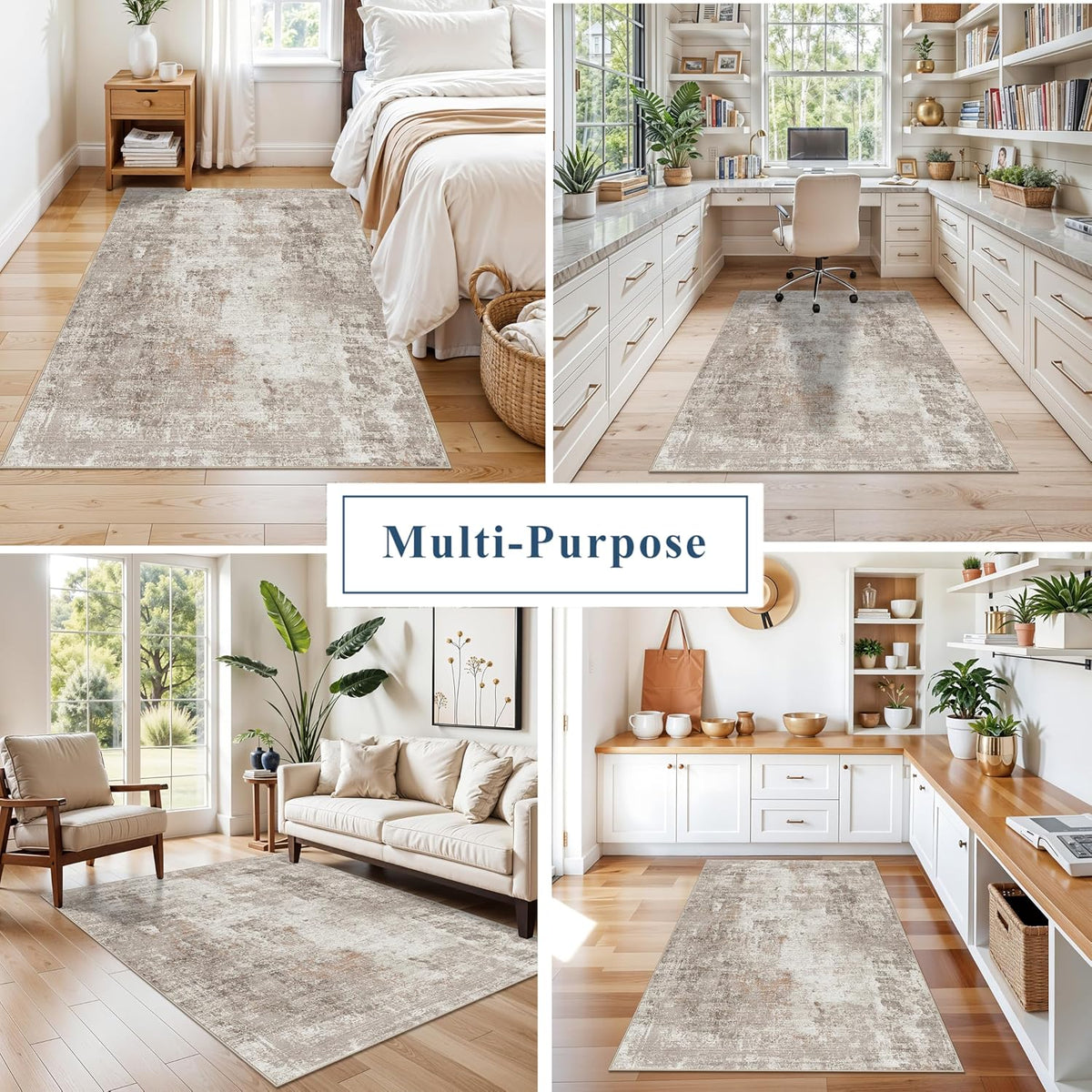 4x5 Washable Area Rugs for Entryway - Non-Slip Low-Pile Indoor Carpet with Rubber Backing for Kitchen, Bathroom,Bedroom, Living Room, Modern Abstract Neutral Soft Mat (Beige Grey)