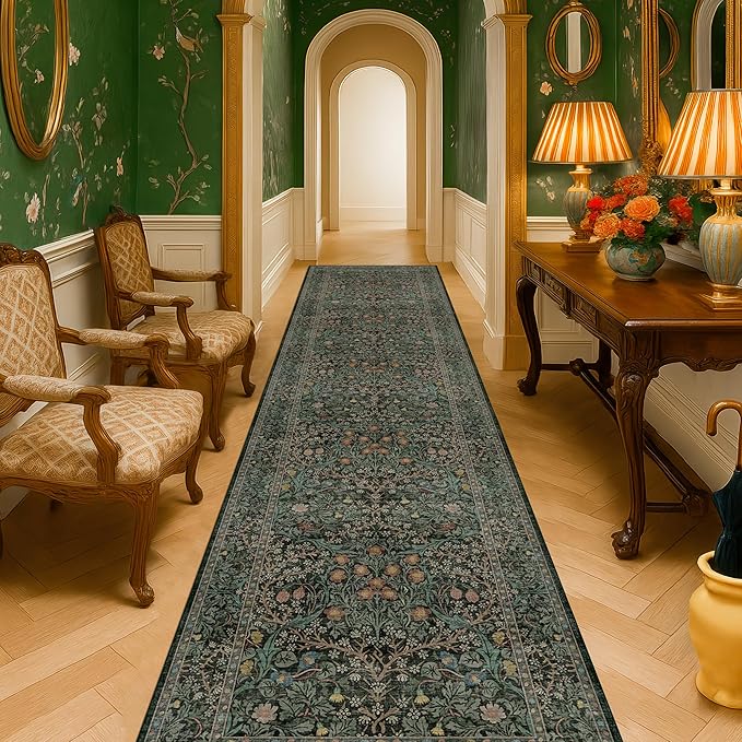 Dark Green Washable 3x20 Extra Long Runner Rug