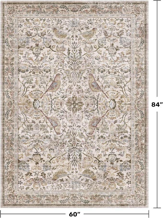Moss 5x7 Living Room Area Rug, Vintage Washable Rug