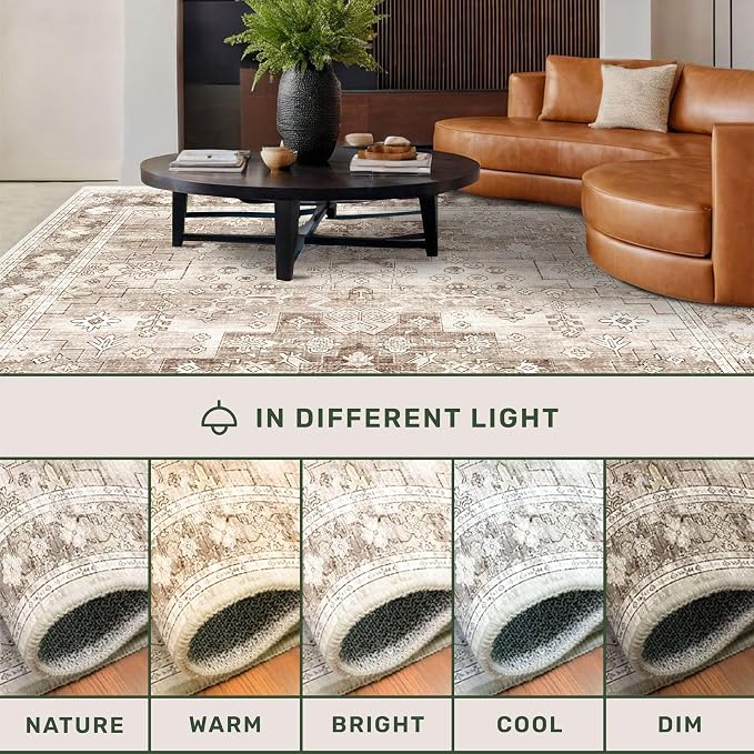 Washable Neutral Farmhouse Living Room Rug, 6x9 Area Rugs