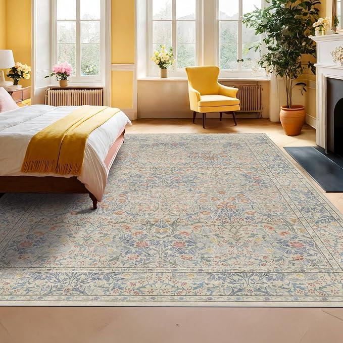 Washable Light Blue Bedroom Rug, 9x12 Area Rug