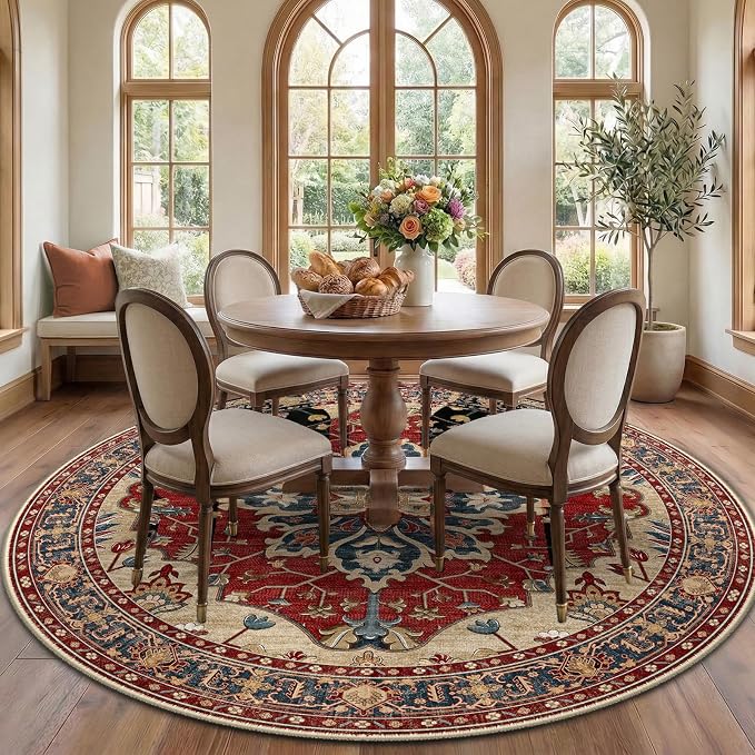 RELEANY Area Rugs Round 7ft Washable Non-Slip, Floral Vintage Distress