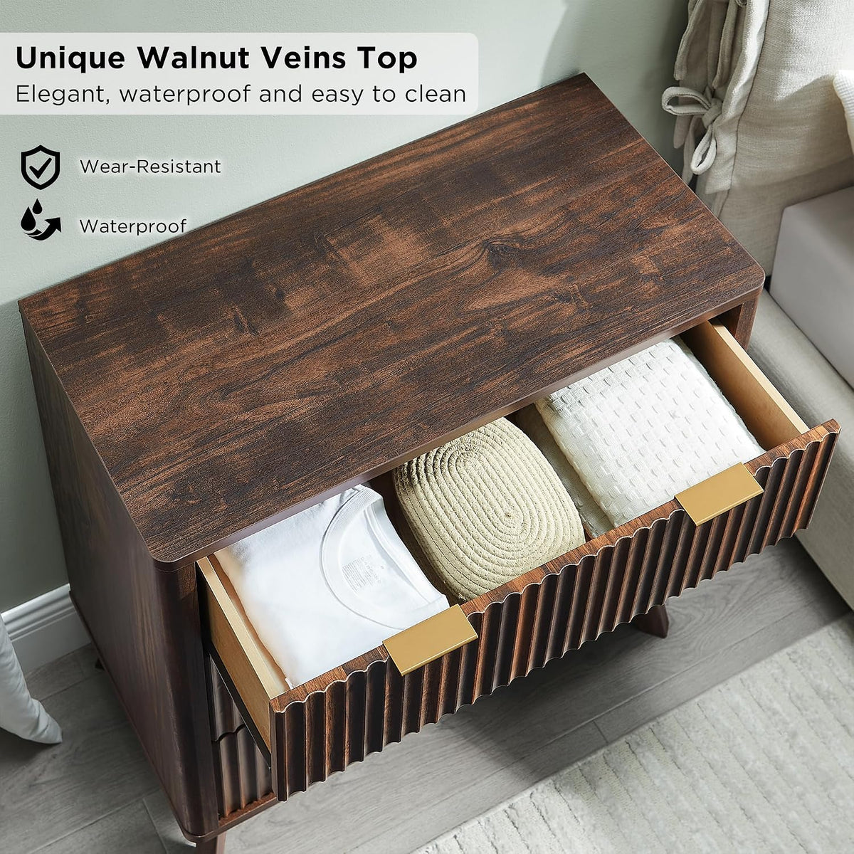 T4TREAM 32" Fluted 3 Drawer Dresser for Bedroom, Dark Walnut