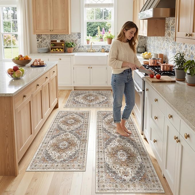 Madane Washable Kitchen Rug Set of 3, Small Area Rug Non-Slip Vintage Entryway