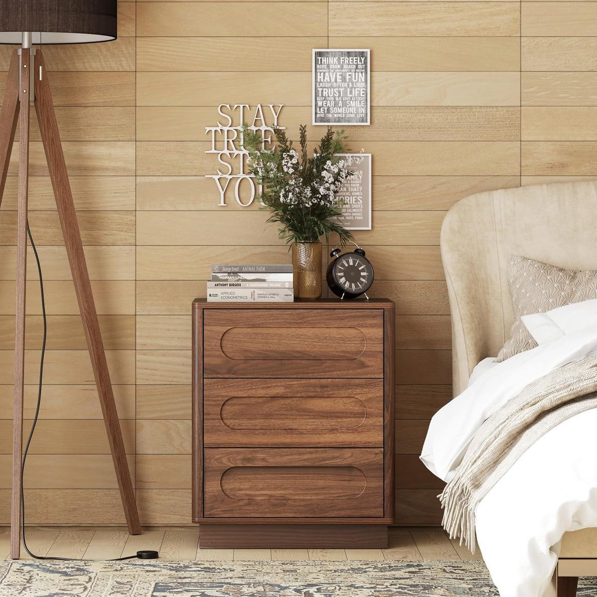 Aoikax Modern 3 Drawer Nightstand X 2P with Push-to-Open Drawers, Mid-Century Bedside Table with Raised Base for Bedroom, Oval Groove Panel Front, Dark Walnut Color