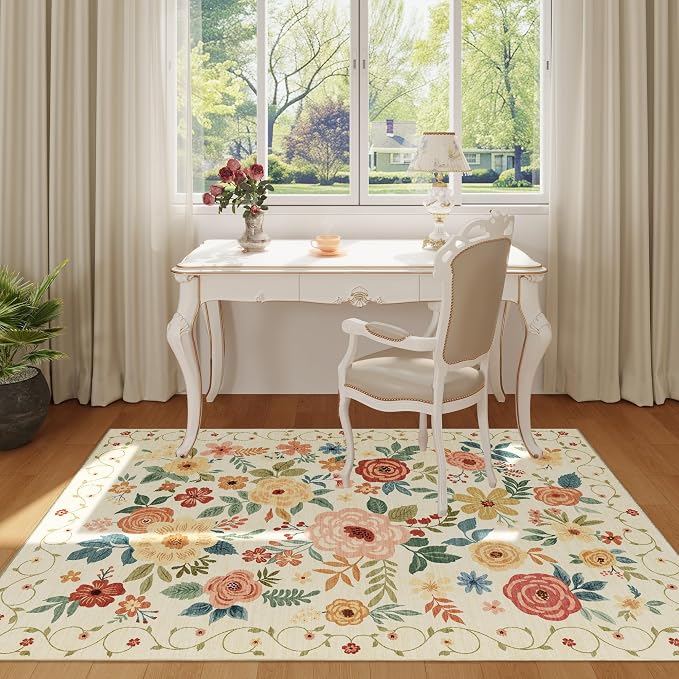 DUKINO 4x6 Area Rug, Lightweight Non Slip Washable Floral Rug, Indoor Low Pile