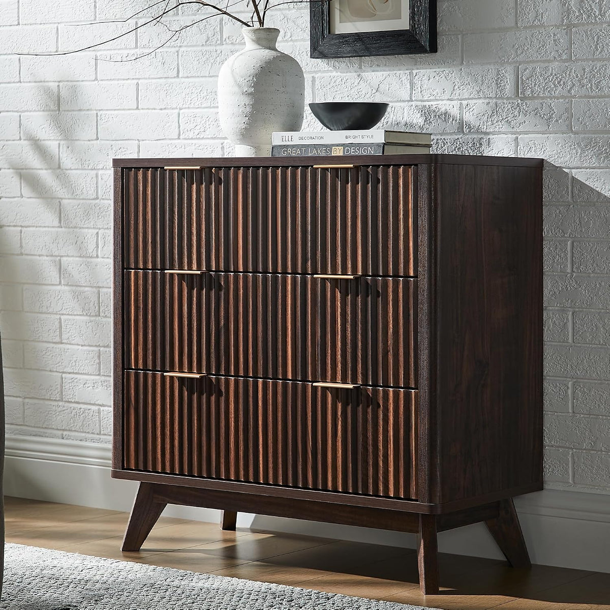 T4TREAM 32" Fluted 3 Drawer Dresser for Bedroom, Dark Walnut