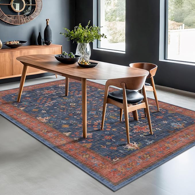 Hazo Haus Dark Blue & Terracotta 5x8 Living Room Rug