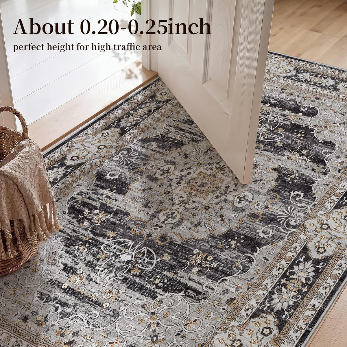 3x8 Washable Hallway Runner Rug - Non-Slip Vintage Kitchen Rugs Black Gray