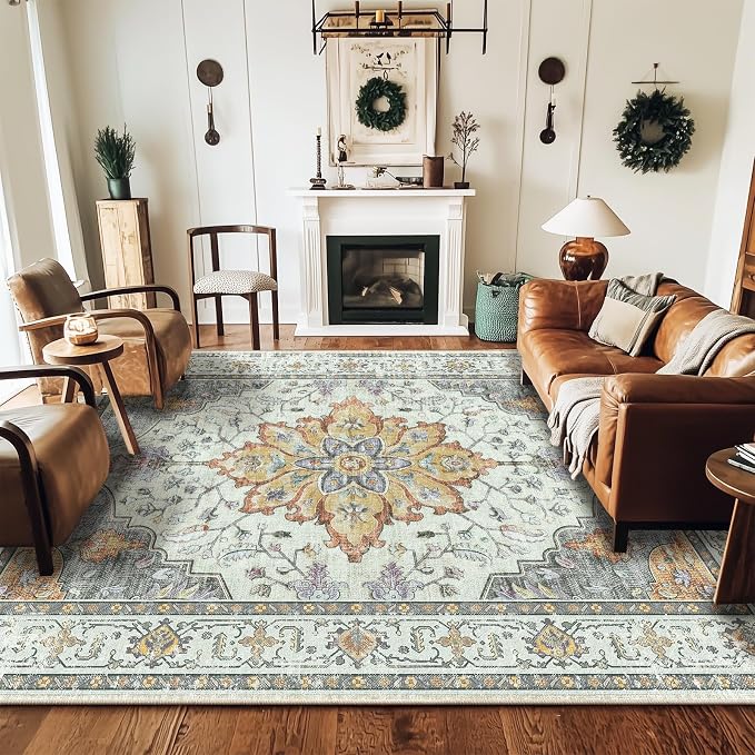 RELEANY Area Rugs 8'x10' Washable Non-Slip, Floral Vintage Distress Medallion