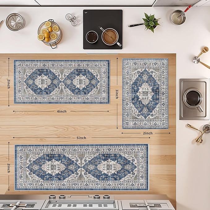 Washable 4-Piece Kitchen Floor Mats: Farmhouse Non-Slip Kitchen Sink Rug Easy