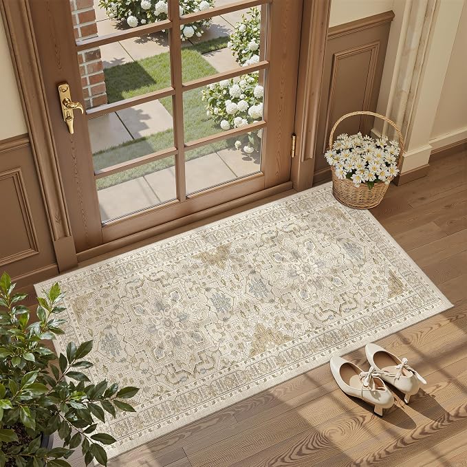 Madane Washable Area Rug 2x4, Small Entryway Rug Non-Slip Vintage Door Mat