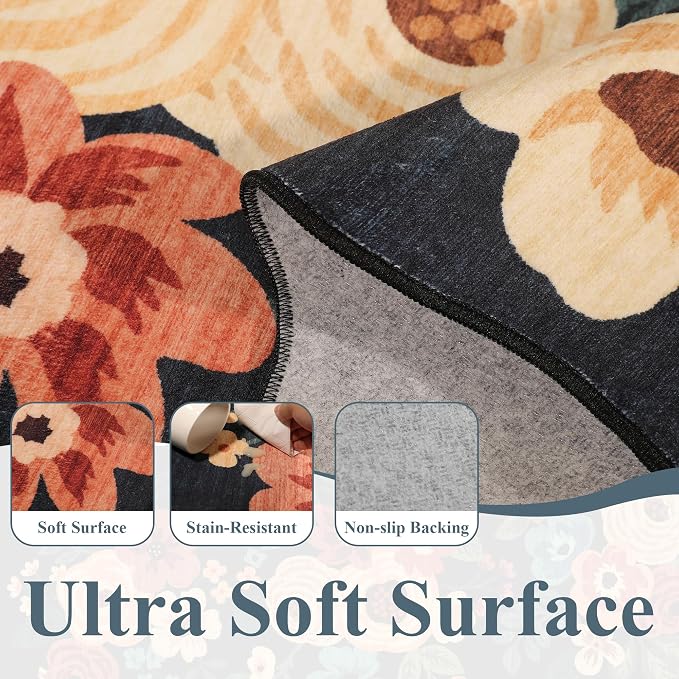 DUKINO 3x5 Area Rug, Floral Non-Slip Indoor Washable Rug
